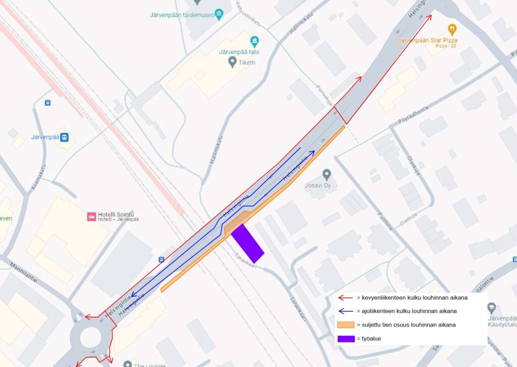 Kuvassa on kartta, johon piirretty työmaan aikainen liikennejärjestely. Kevyen liikenteen kulku on suljettu Helsingintien pohjoispuolelta louhinnan aikana. Kulku on ohjattu Helsingintien toiselle puolelle.