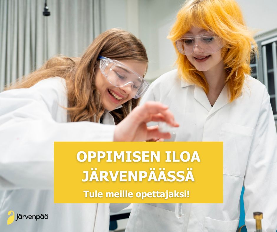 Kaksi oppilasta kemiantunnilla. Kuvan alareunassa laatikko, jossa lukee "Oppimisen iloa Järvenpäässä - hae meille opettajaksi!".