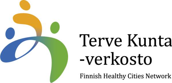 Terve Kunta -verkoston logokuva. Kelta-sinivihreä logokuva vasemmalla lisättynä tekstillä Terve Kunta -verkosto, Finnish Healthy Cities Network