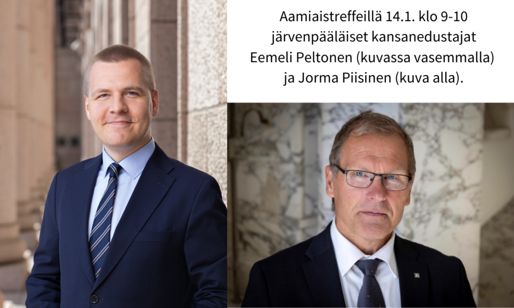 Kuvassa kansanedustajat Eemeli Peltonen ja Jorma Piisinen, jotka vierailevat Aamiaistreffeillä 14.1.2025.