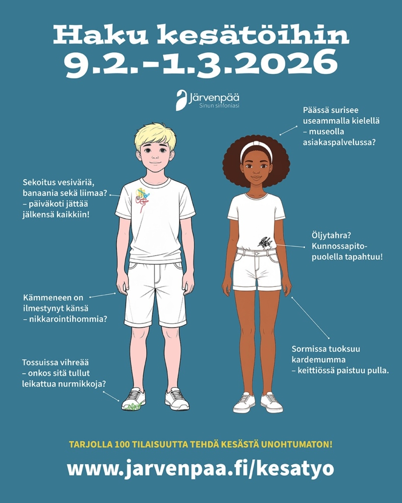 Kuva näyttää kaksi nuorta henkilöä kesävaatteissa. Vasemmalla oleva henkilö on vaaleaihoinen, vaaleat hiukset, yllään valkoinen T-paita ja shortsit. Oikealla oleva henkilö on tummempi-ihoinen, ruskeat kiharat hiukset, yllään valkoinen T-paita ja shortsit. Taustalla teksti 'Haku kesätöihin 9.2.-1.3.2026'.